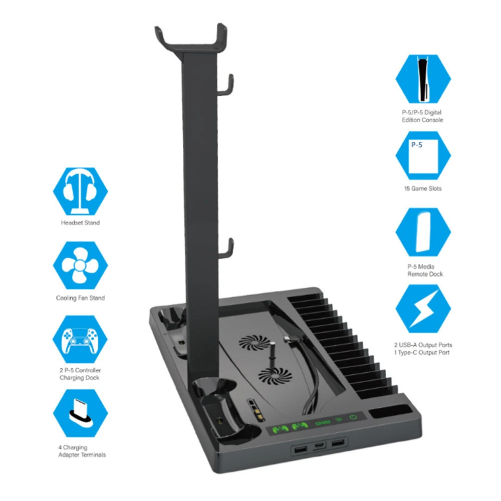 

Charging Dock For PS5 Stands Base Cooling Fan Universal Black Multi-functional Storage Tray 1195g Electronic Machine Accessories