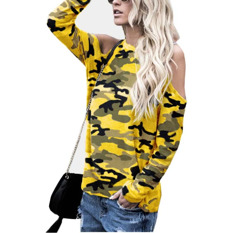 

2020 Women T shirt Summer Early Autumn Off Shoulder Casual Regular Female Tops Tees Long Sleeves Camouflage Clothes Girls Like