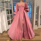 Розовый корсет со смайликом caftan вечерние платья Пышные длинный рукав в арабском стиле платья для особых случаев Вечерние платья с разрезом по бокам