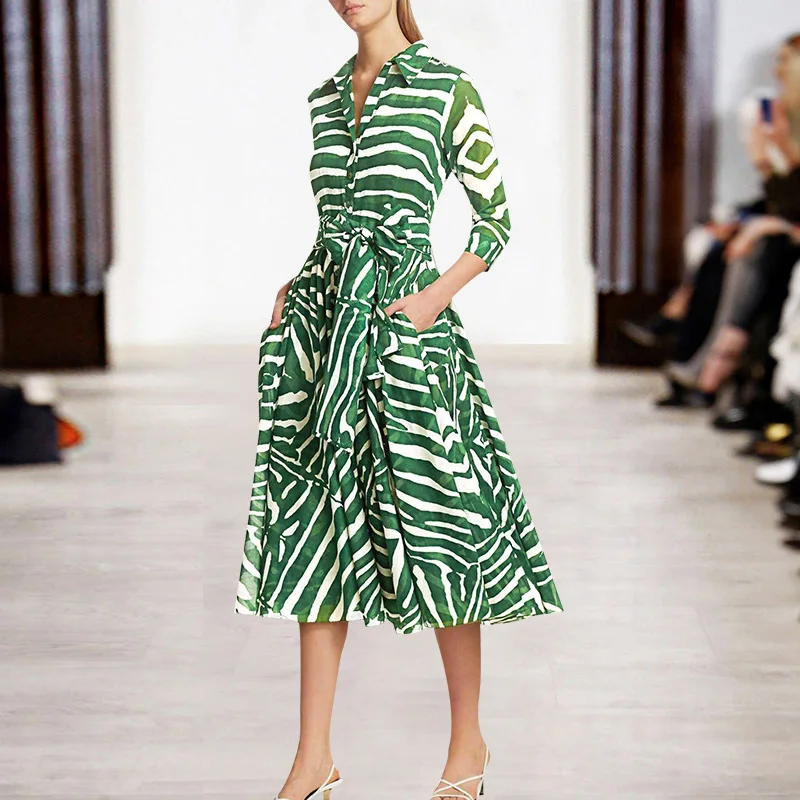 Женское длинное модельное платье элегантное винтажное платье-рубашка с принтом