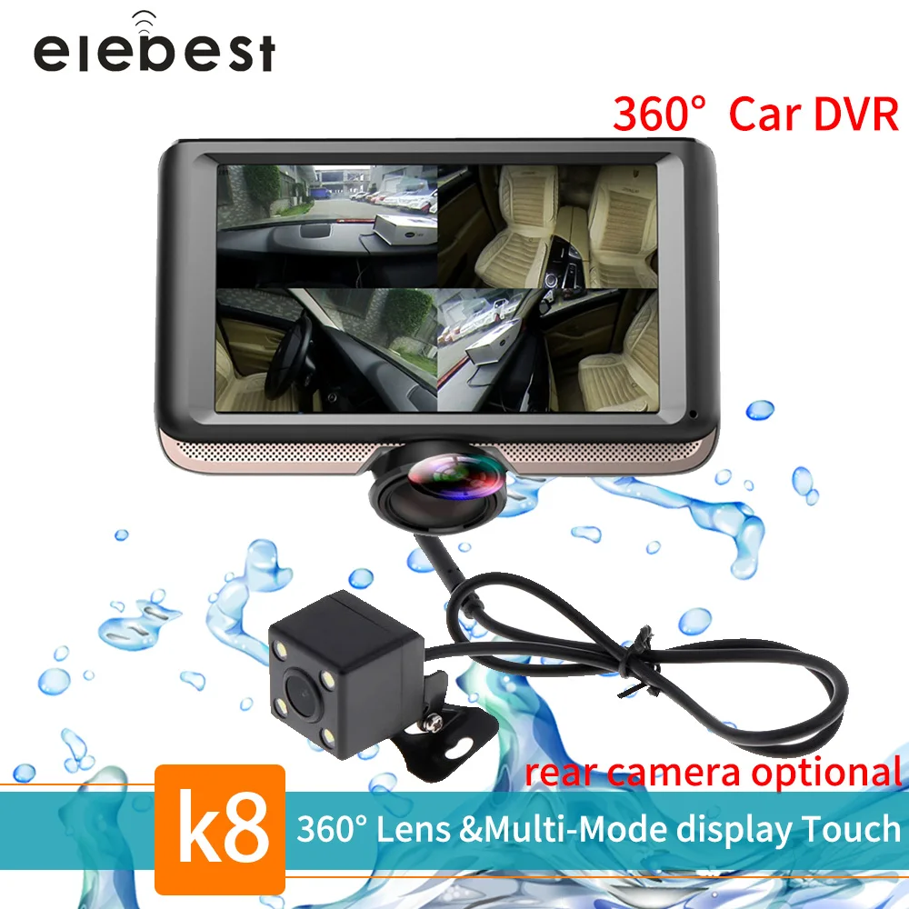 Elebest K8 5 ''ips сенсорный экран 360 градусов Full HD Автомобильный видеорегистратор Камера с двумя объективами Dash Cam с регистратором заднего вида видеорегистраторы с объективом рыбий глаз