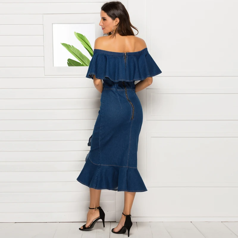 

Women sexy Off Shoulder Denim Dress female Ruffles Office lady Mermaid jeans Dress short sleeves bodycon back zipper midi dress