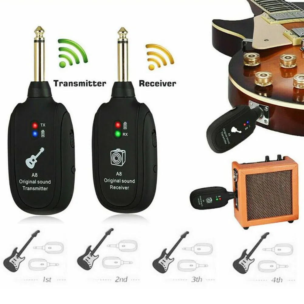

2.4GHz UHF Guitar Wireless System Transmitter Receiver 4 Channels Rechargeable Wireless Guitar Transmitter E-Guitar Accessories