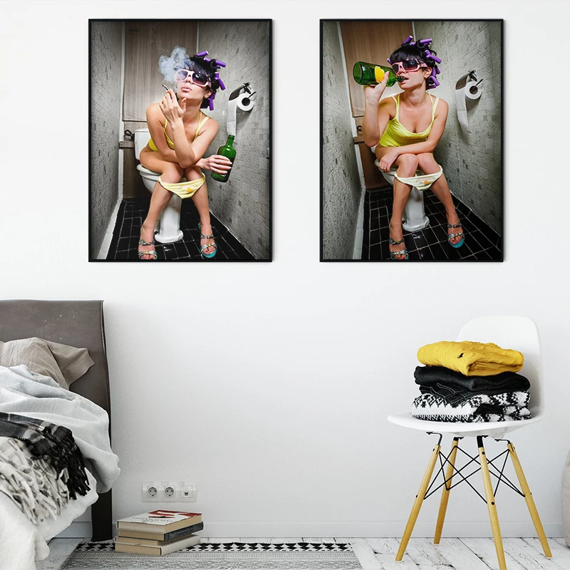 

Personality Toilet Sexy Woman Smoking and Drinking Canvas Bulletin Board Bathroom Painting Wall Artist Home Decoration