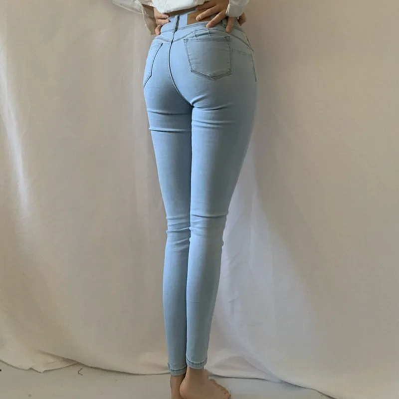 

2021 Summer Women Fashion Sexy Stretch Slim Jeans Push Up Hips Elastic High Waist Blue Denim Pants Casual Trousers Streetwear