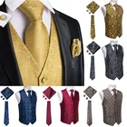 Hi-Tie Мужской комплект жилета, Шелковый однотонный жилет, жилеты для мужчин, высокое качество, галстук, карман, квадратные запонки, набор, черный, синий, красный, золотой жилет