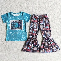 wholesale children baby girls boutique clothing tie dye blue short sleeve music singer shirt sets kids bell pants fashion outfit