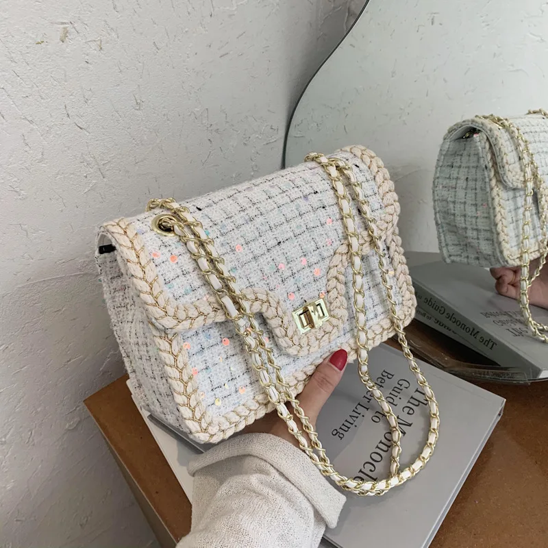 

Sequins Flap Crossbody Bag 2020 Fashion New High Quality Wool Women's Designer Handbag Lock Chain Shoulder Messenger Bag