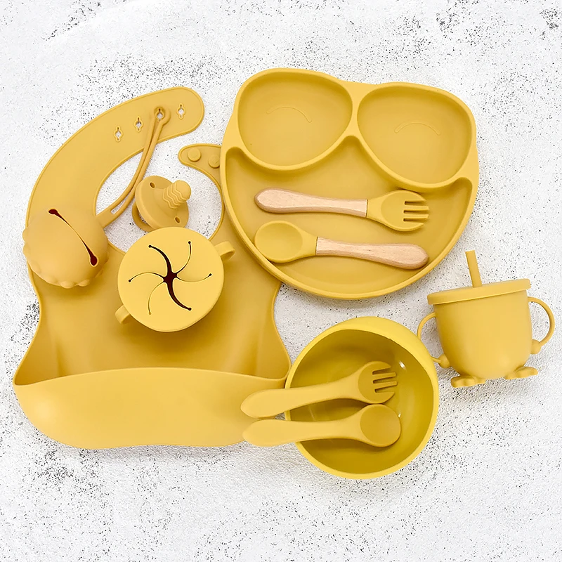 

11 шт./компл. детская силиконовая посуда в комплекте, миска на присоске для детских блюд, детская еда, силиконовая тарелка, набор посуды