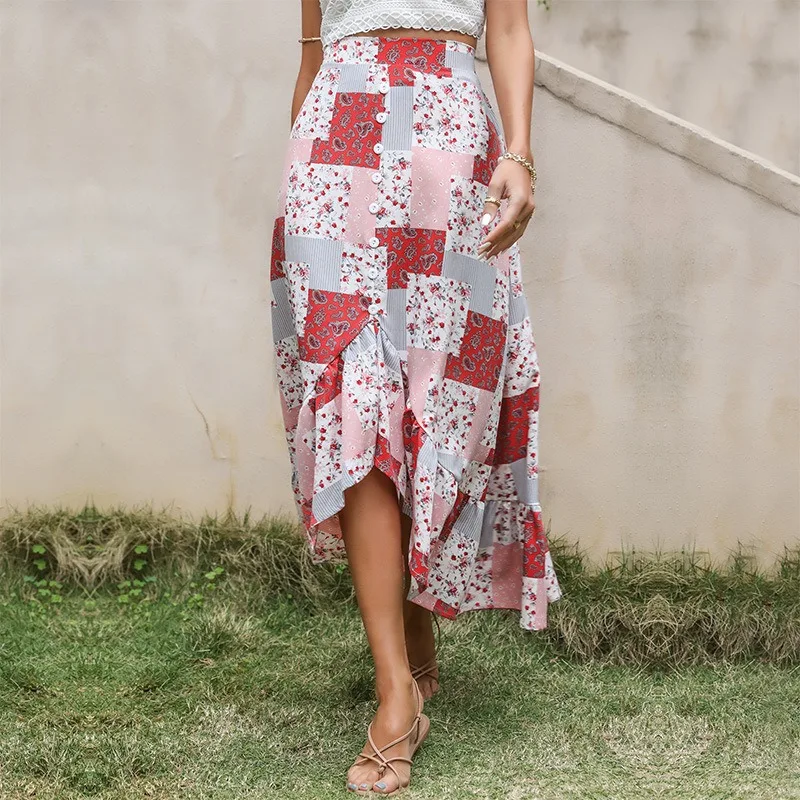 

Women Chiffon Skirt Loose Mid-Calf High-Waisted National Style Skirts Office Ladies Vintage Skirts Female Spliced Colorful Skirt