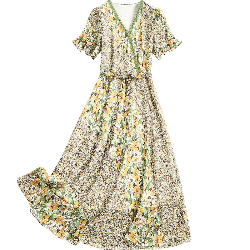 

Women spring summer dress 2021 designer luxury diamonds beading lace trim V neck ruffles short sleeve mix floral print dresses