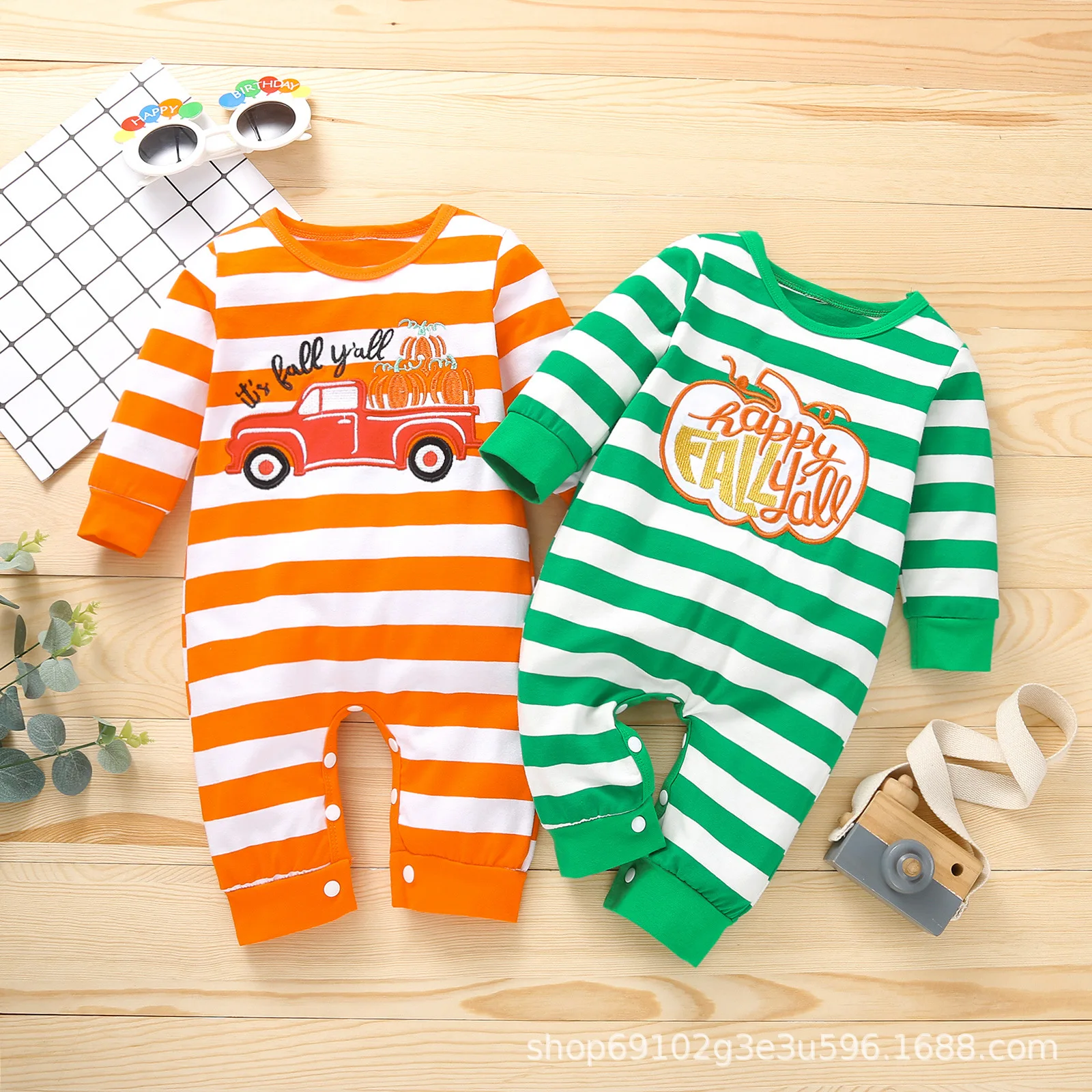 

Newborn Toddler Boys Girls Jumpsuit Halloween Pumpkin Printing Striped Trousers Romper with Outfits Baby Clothes