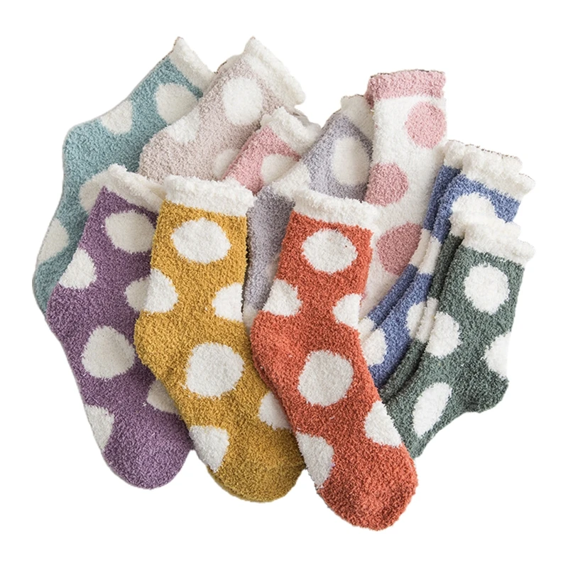 

10 Pairs Women Winter Thick Coral Velvet Slipper Socks Kawaii Polka Dot Jacquard Candy Color Cozy Warm Sleeping Hosiery