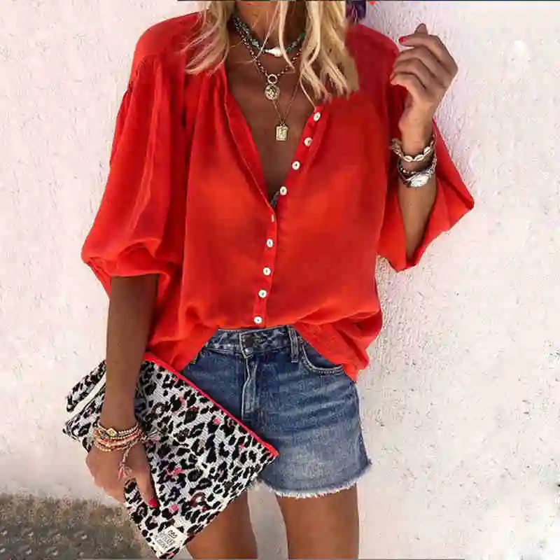 Женские блузки из шифона с v-образным вырезом осенняя элегантная однотонная