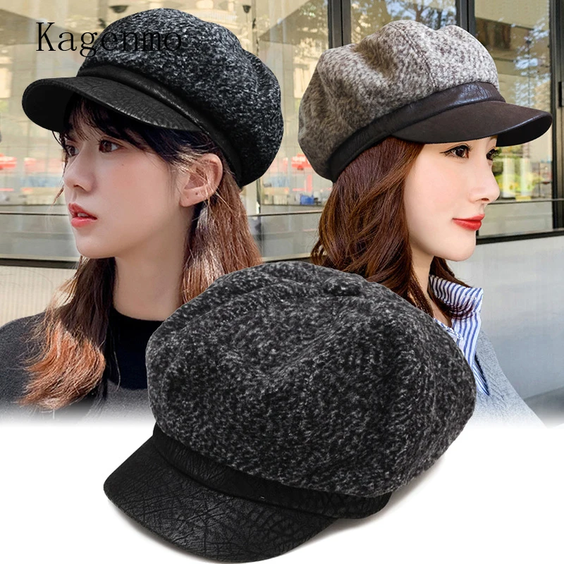 

Kagenmo Female Winter Octagonal Hat Thick Fur Keep Warm Outdoor Stroll Visor Women All-Match Easy Visor Good Woolen