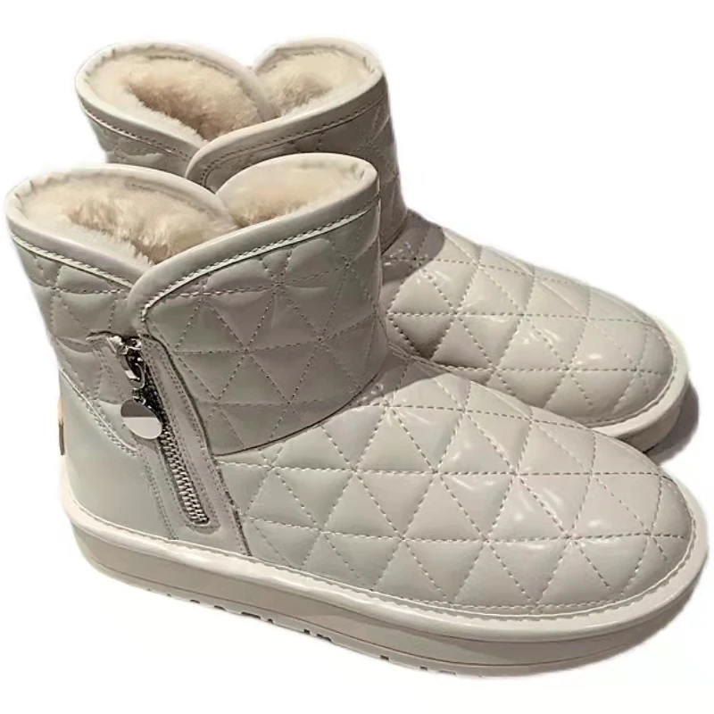 

New Fashion Women's Genuine Leather Cotton Shoes Winter Thickened Warm Women's Snow Boots Side Zipper Waterproof Cotton Boots
