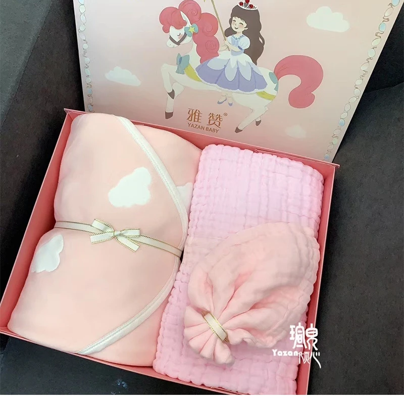 Yazan baby gift set contains  square towel +  bath towel +6 layers cotton gauze cover blanket+ gift boxboy and girl birth gift