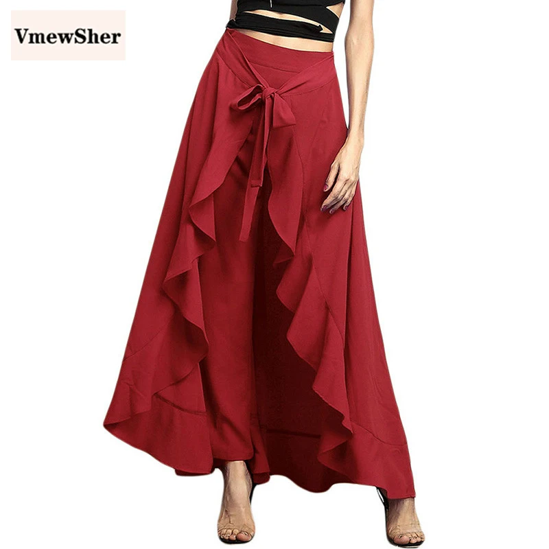 

VmewSher Spring Elegant Women Wrap Skirts Long Casual Sashes Ruffle Hem Wide Leg Loose Skirts Pants Fashion Chic Party Skirt New