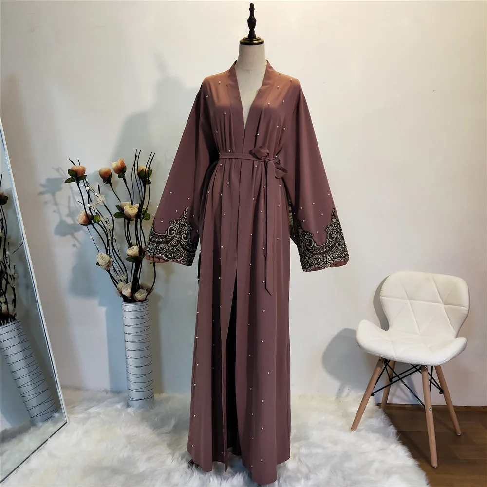 

Dubai Muslim Abaya Dress Women Beading Kimono Turkey Long Robe Lace-up Jubah Islamic Clothing Outwear Maxi Hijab Dress Abayas