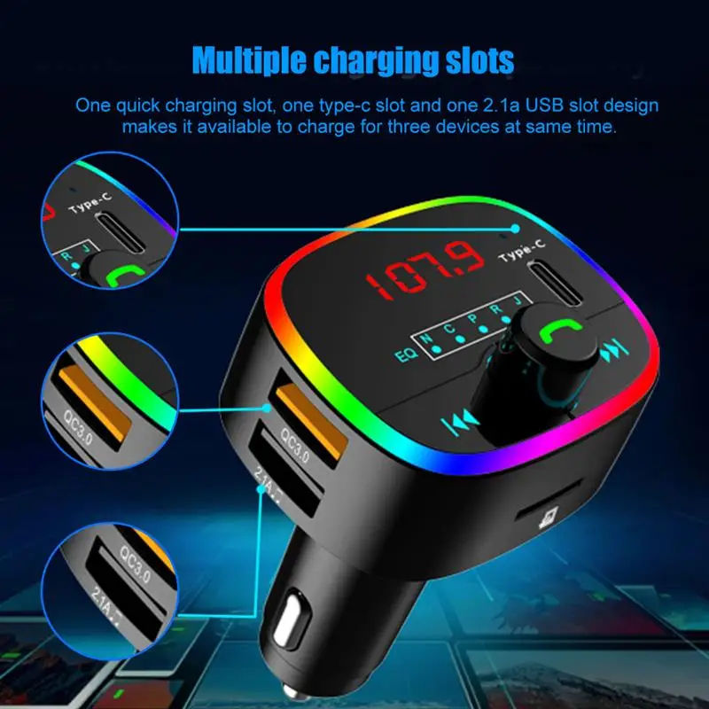 Onever Car Mp3 Player With Digital Screen 10 Colors RGB Light Bluetooth 5.0 Tf Card U Disk Auto Music Transmitter EQ Modes | Автомобили и