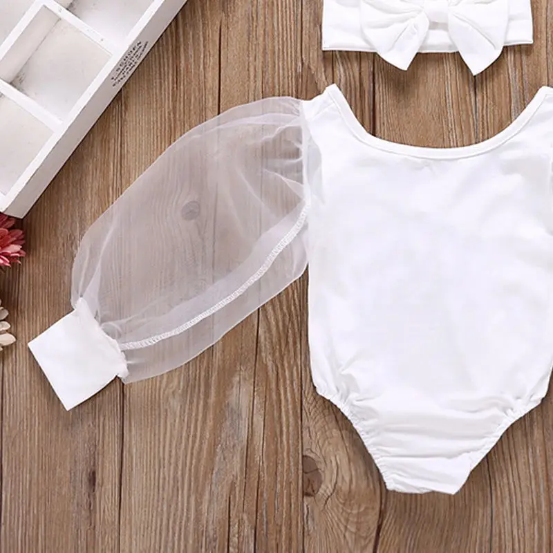 

Puff Sleeve Bodysuits Mesh See Through Fashion Toddler Baby Girl Solid O Neck with Headband Headwear 2PCS Set Boutique