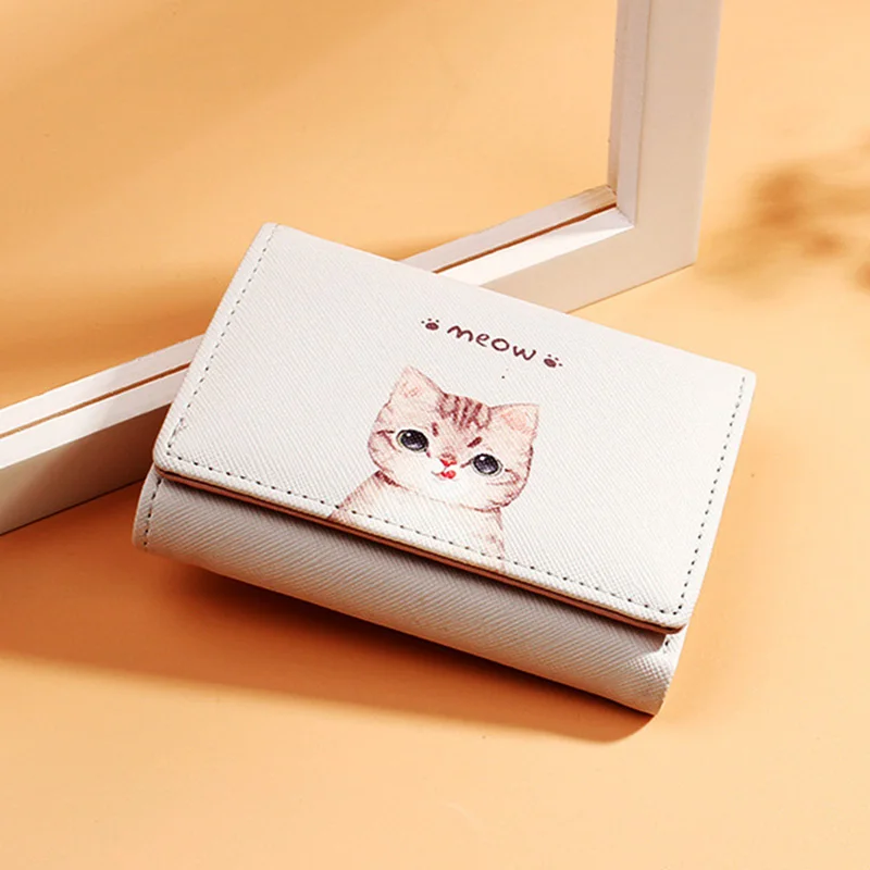 Дизайнерский женский кошелек с милым котом 2021 маленький из искусственной кожи
