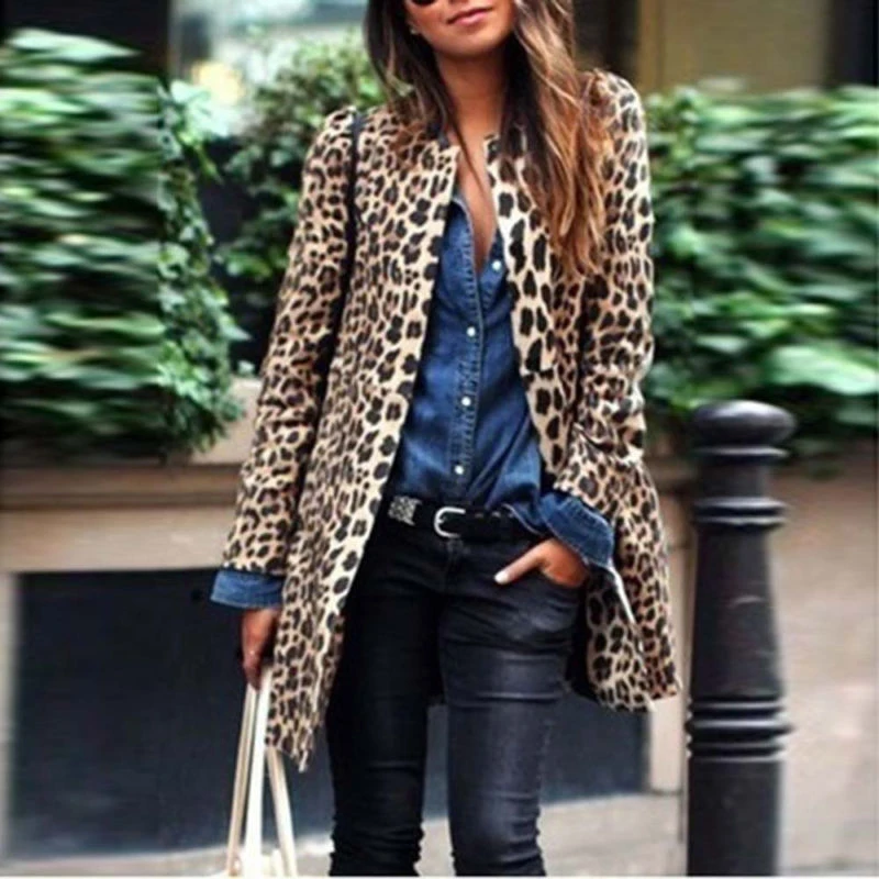 

Fashion Women Sexy Leopard Print Coat Winter Warm Wind Jacket Cardigan Long Slim Female Coat