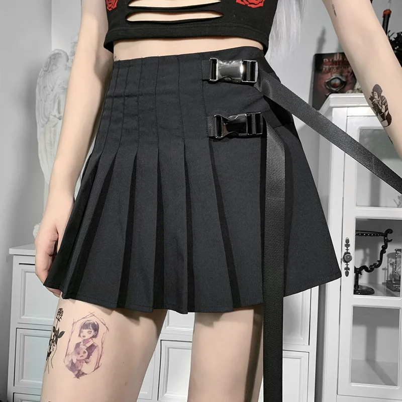 

Women, street high waist pleated skirt, functional wind, tooling, adjustable buckle, streamer, hot girl short skirt, summer