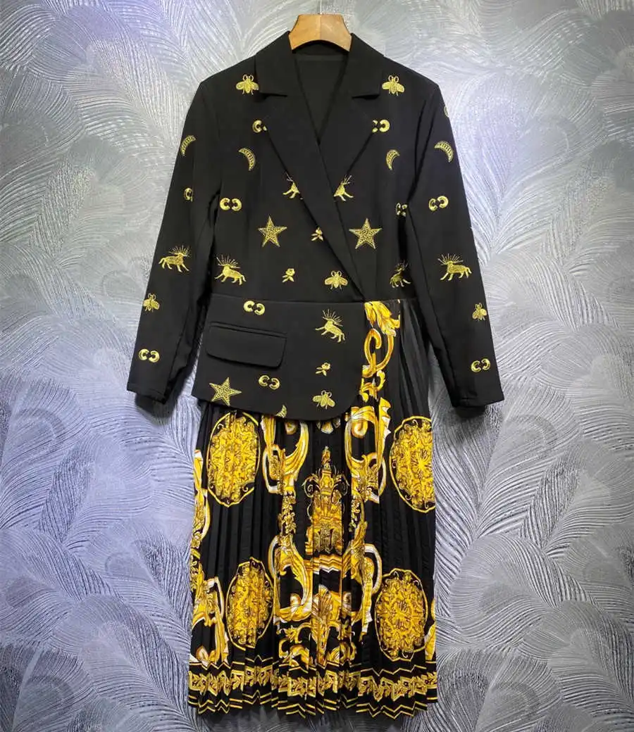 

Женское Плиссированное Платье с принтом, дизайнерское платье с вышивкой и воротником-стойкой, весна 2021