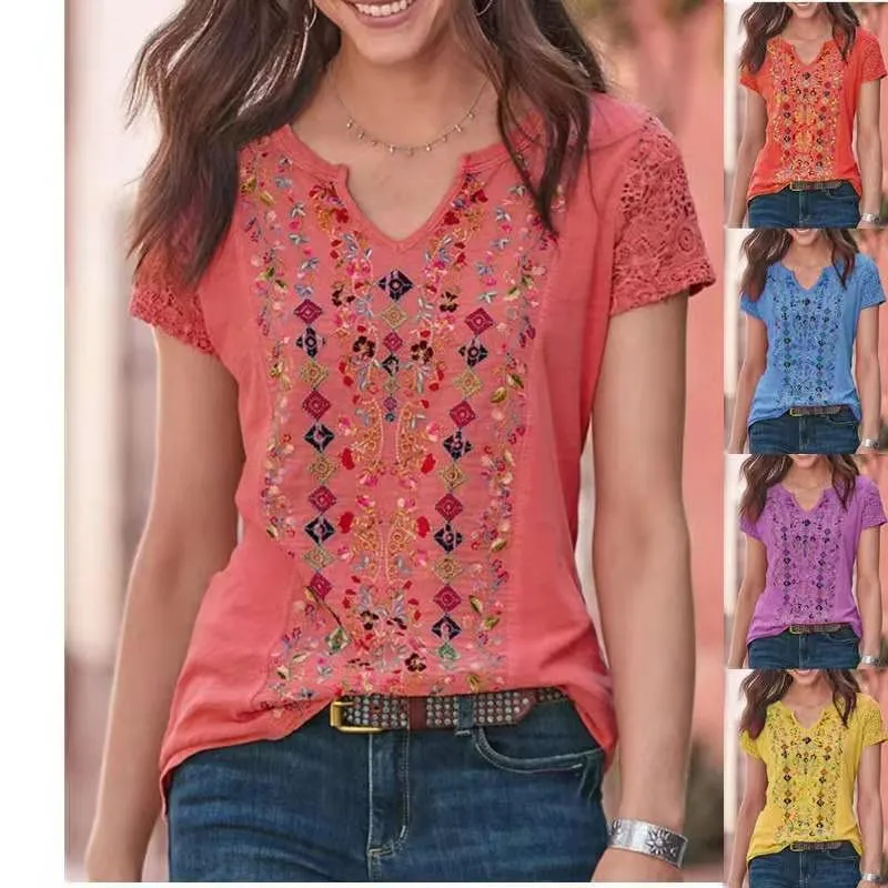 

Vintage Print Hollow Out Short Sleeve Women Tshirts Oversize V-neck Loose Summer Tee shirts Streetwear Casual 2021 New Tops Tees