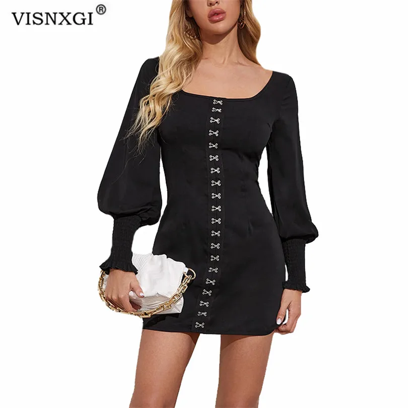 

Женское облегающее мини-платье с длинным рукавом и квадратным вырезом