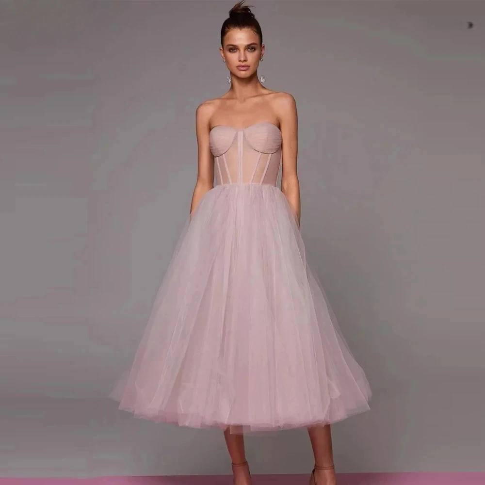 

Weiyin AE0776 A Line Dusty Pink/Lavender/Navy Blue Tulle Prom Dresses Short Sweetheart Sheer Boning Tea Length Formal Party Gown