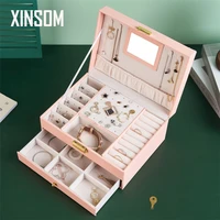 xinsom leather jewelry box organizer with mirror high capacity double layers necklaces earrings rings jewelry storage box casket