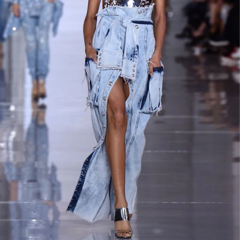 Женская джинсовая юбка макси с высокой талией асимметричная длинная в стиле High