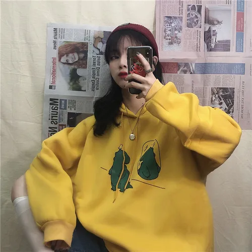 Cartoon Dinosaurs Printed Casual Loose Basic Black Simple College Wind Cute Fresh Hot Sale Winter Female Women Hoodies