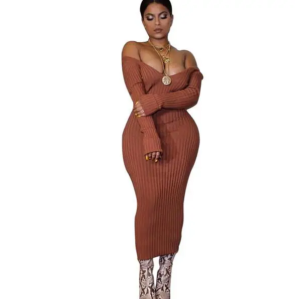 Женское осенне зимнее Макси платье с v образным вырезом и длинным рукавом женские