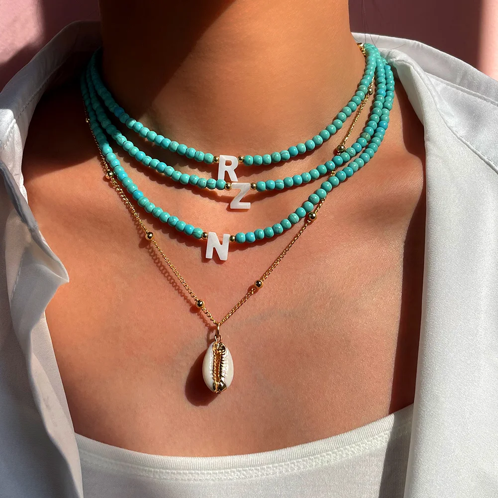 

2 Pcs/Lot Custom Initial Letter Shell Pendant Necklace For Women Turquoise Beaded Clavicle Chain Necklace Trendy Summer Jewelry