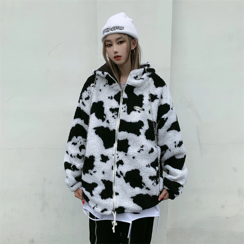 Фото Куртка с капюшоном и принтом коров модная свободная двухсторонняя утепленная