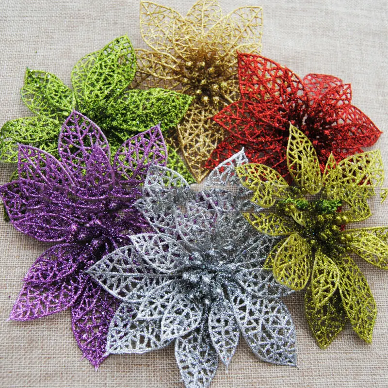 

Xmas 5/10Pcs Flower Hollow Wedding Christmas Artificial Party Tree Glitter Decor
