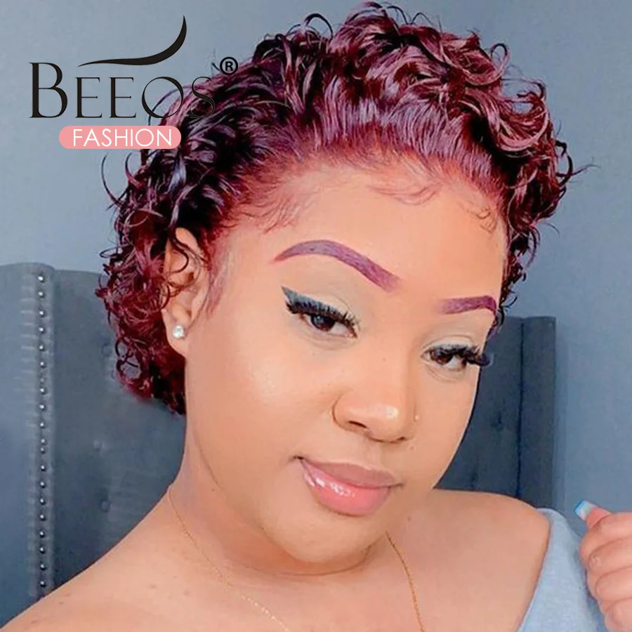 

Burgundy Short Bob Pixie Cut Wig Lace Wig For Women 99JRed Curly Human Hair Wig Bleached Knots Free Part Baby Hair 180 Remy