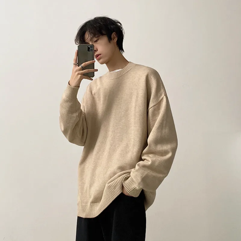 

Новинка 2021, мужской модный свободный однотонный Молодежный вязаный свитер с круглым вырезом, пуловер в Корейском стиле на осень и зиму