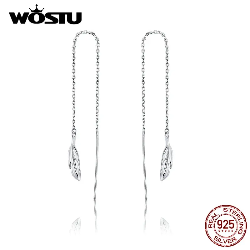WOSTU настоящие 925 пробы серебряные серьги с перьями для женщин Лидер продаж простой дизайн таинственные Серьги перья свадебный подарок