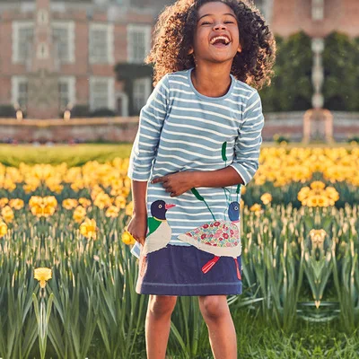 

EuerDoDo Baby Girls Dress Cotton Long Sleeve T-shirts Dress Striped Cartoon Casual Baby Clothes Toddler Kid Girls 2021 Fashion