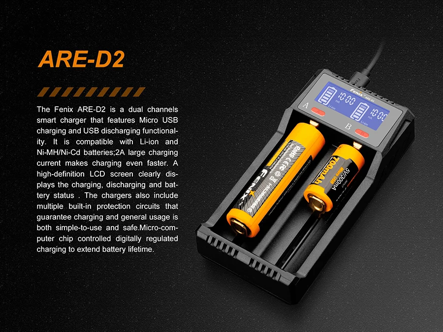Зарядное устройство Fenix ARE-D2 Совместимо с литий-ионными и Ni-mh/Ni-Cd аккумуляторами Micro USB и функцией разрядки USB