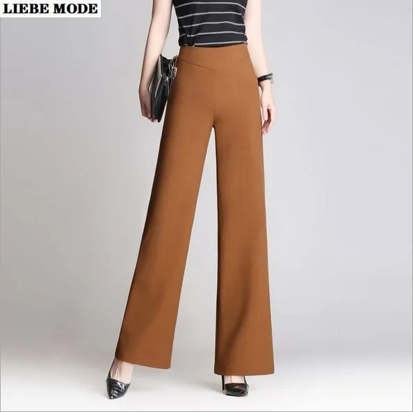 big Size Women High Waist Formal Pants Spring Autumn Straight LegPants Female Loose Wide Leg Bell Bottom Trousers Black Brown