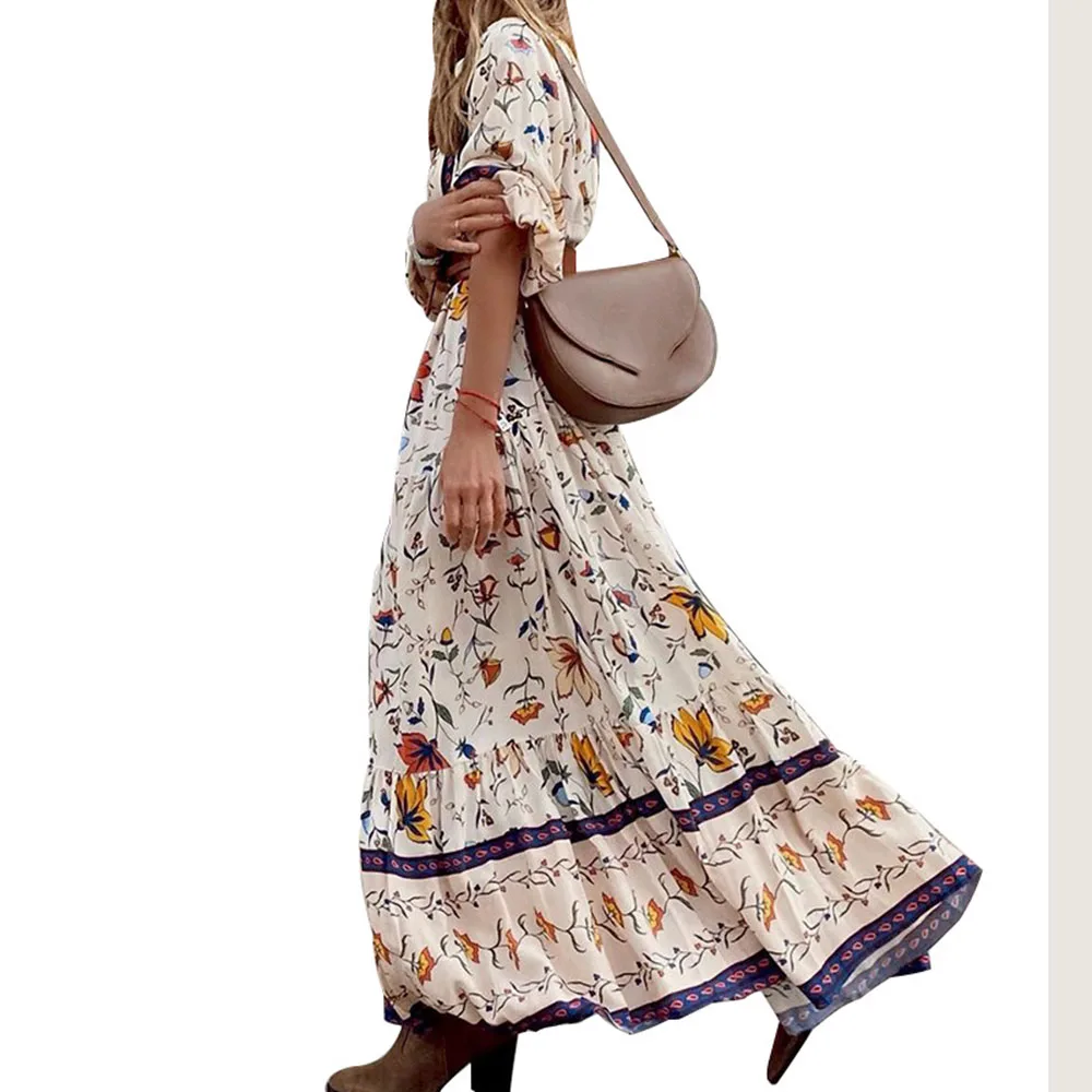 

2021 Summer New Bohemia Women's Dress Fashion Printing Long V-neck Vacation High Waist Loose Casual 7-point Sleeve