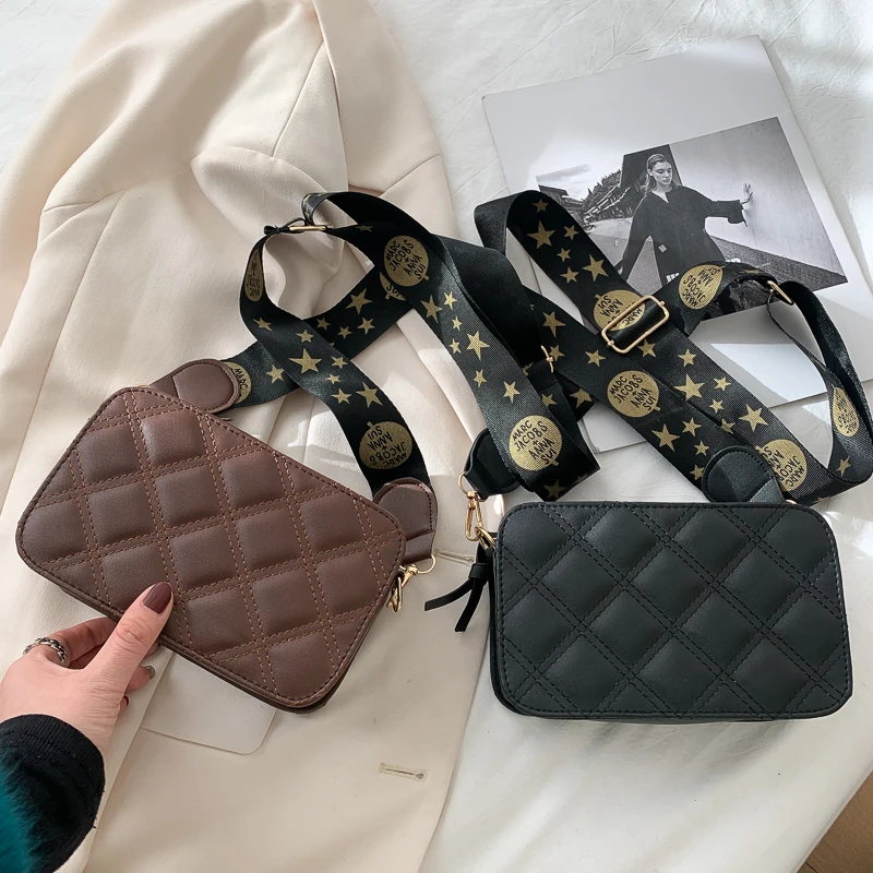 

Ladies Sling Bags Print Wide Strap Soulder Bag Female 2021 Fashion Lattice Plaid Luxury Designer Handbag Square Crossbody Bags