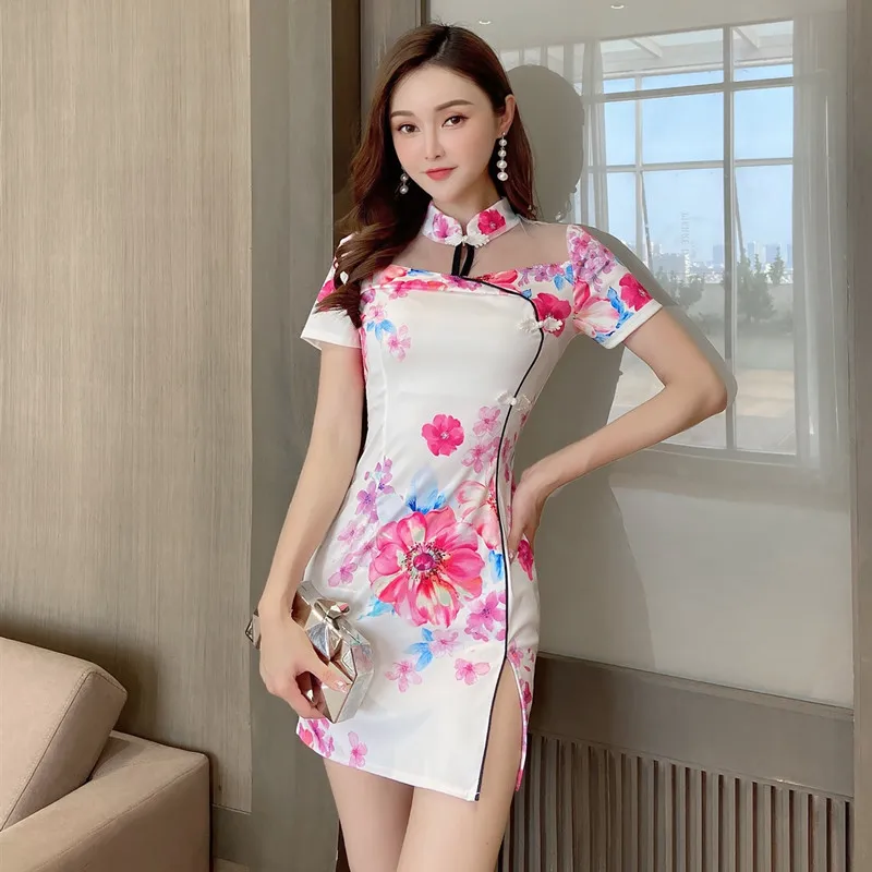 

Fashion Women Chinese Style Elegant Qipao Lady Retro Slim Cheongsam Nightclub Bar Sexy Bodycon Flower Print Party Dress Vestidos