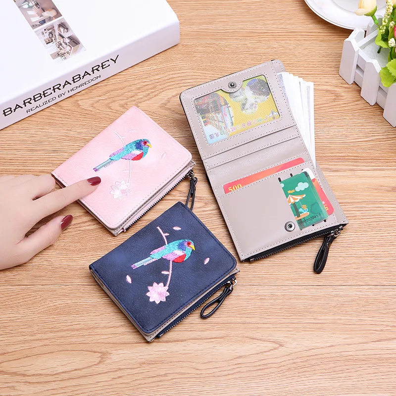 Кошелек женский 2 складных с вышивкой и изображением птиц | Багаж сумки