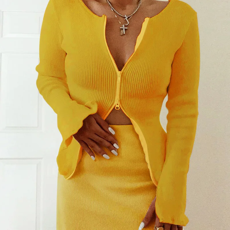 

S90552 2019 autumn ladies double zipper skirt casual two-piece